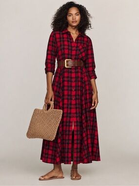RARE VINTAGE ROCKY STAR RED & BLACK PLAID COTTON SWING MIDI MAXI DRESS Medium